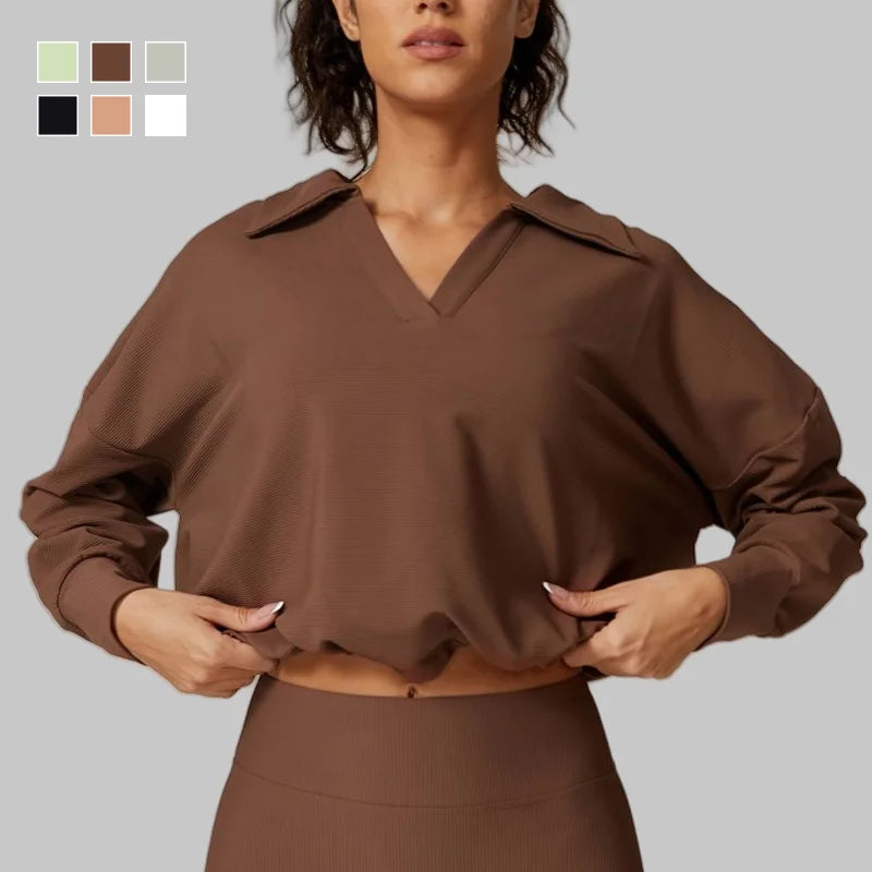 New Fashion Custom Logo V-neck Thick Snail Sports Top Yoga Loose Drawstring Long Sleeve Yoga Clothes Sweatshirt