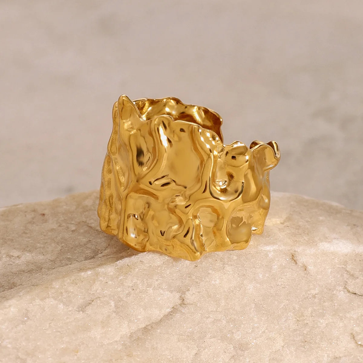 New Design Ring 18K PVD Gold Plated Stainless Steel Hammered Wide Open Rings for Women