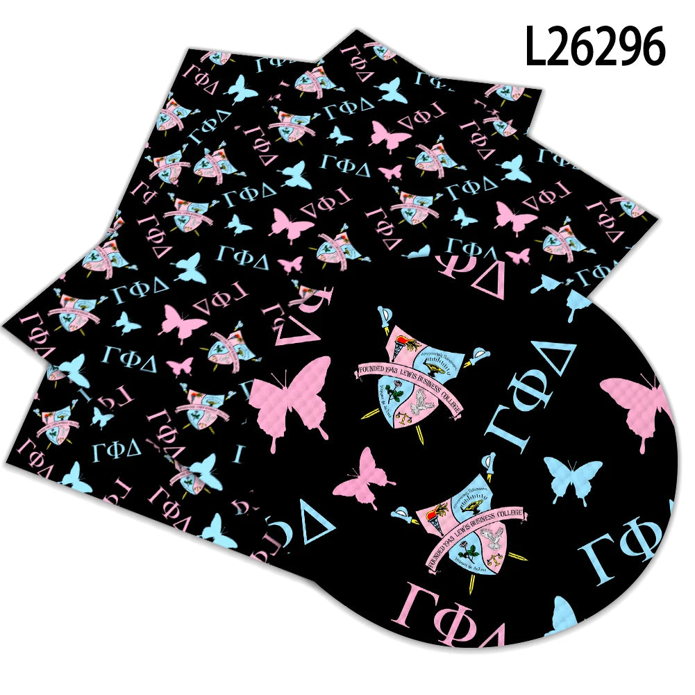 Sorority Gamma Phi Delta Pattern Faux Leather for Upholstery Mini Bag Phone case Decoration  Bow Making Synthetic Leather