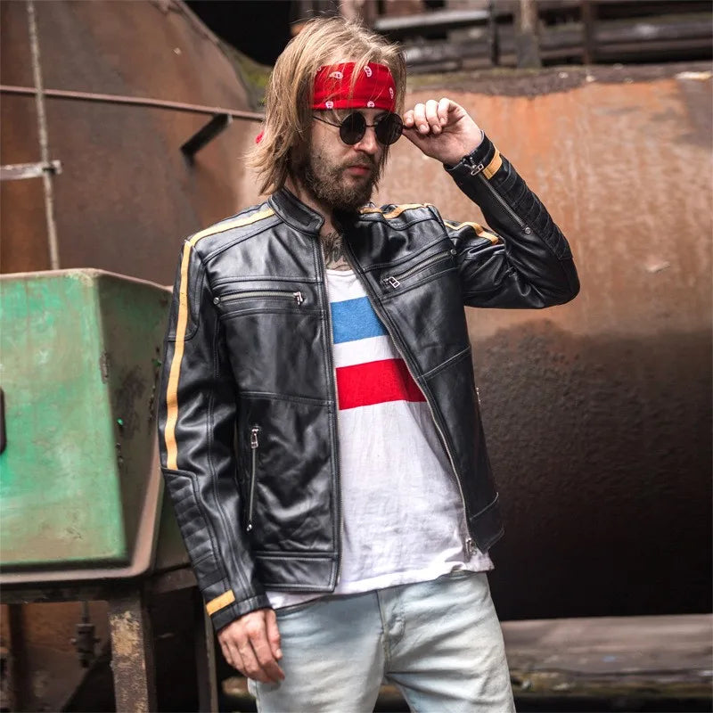 Fashion Mens Slim Fit Sheepskin Motorcycle Biker Jacket Side Striped Short Stand Collar Windproof Coats Genuine Leather Jacket