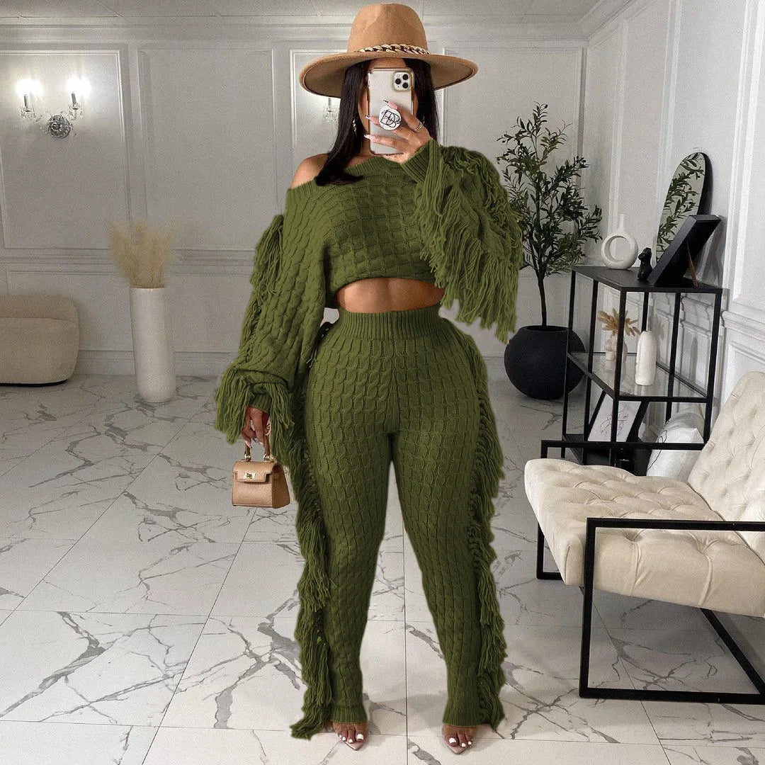 2025 Fall Winter Plus Size Women Clothing Long Sleeve Crop Top Two Piece Pants Set Drawstring Tassel Fringe Pants 2 Piece Set