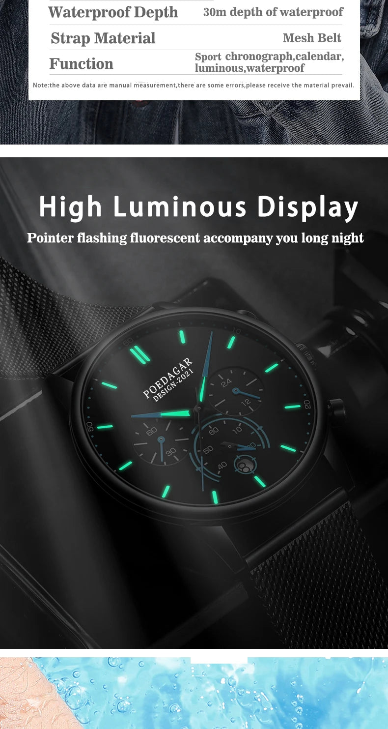 POEDAGAR Men Watch Fashion Chronograph Slim Stainless Steel Mesh Quartz Men's Wristwatch Waterproof Luminous Date Sport Watch