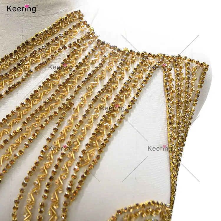 Custom Gold Crystal Rhinestone Applique Tailor Handmade Sewing Accessories for Wedding Gown WDP-516