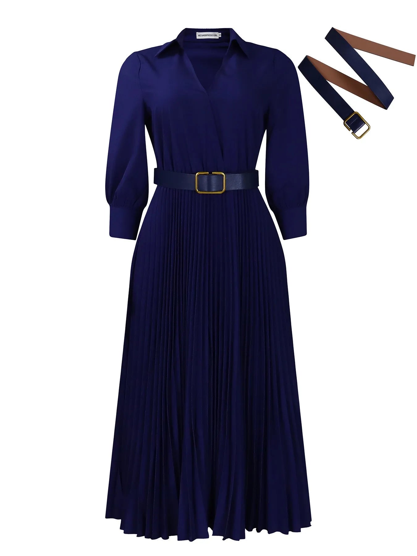 C8587 Trendy Casual Dresses Women Lady Elegant Solid Color Long Sleeve V-neck Pleated Ladies Office Dresses With Belt