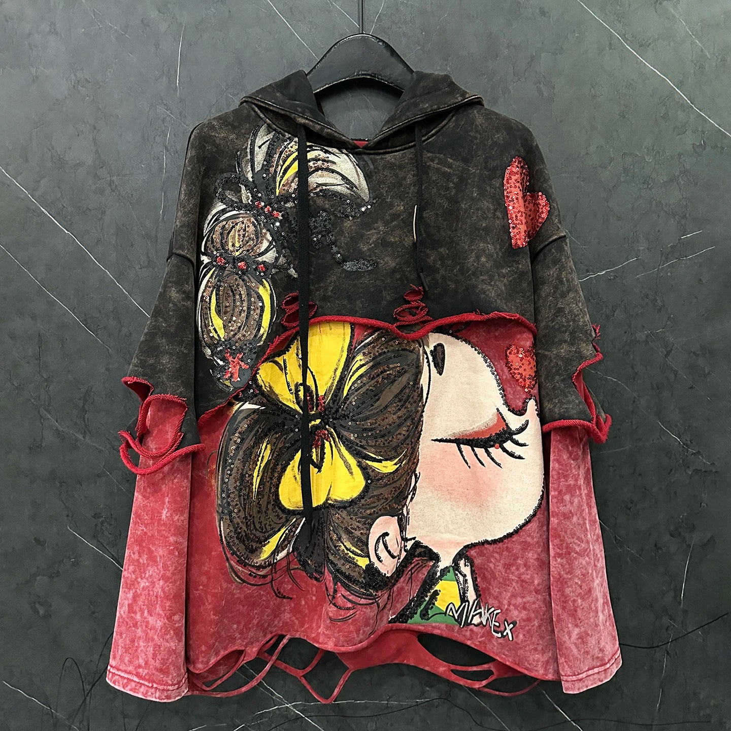 Women's Trendy Ripped Faux Two-Piece Cartoon Hooded Color-Block Sweatshirt Loose Casual Top