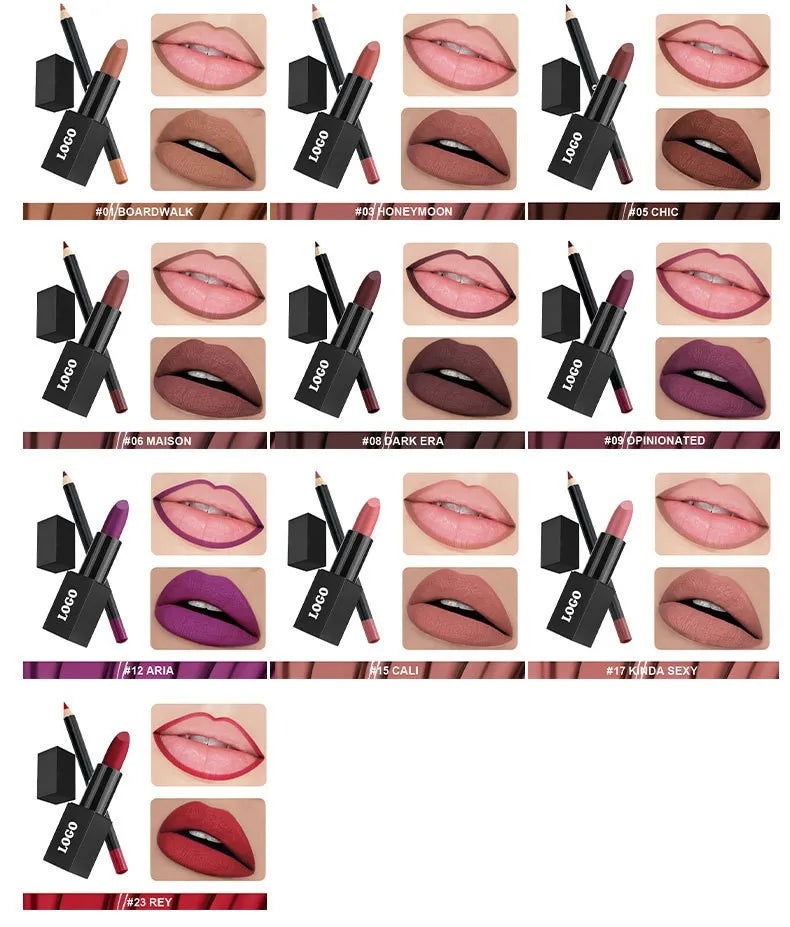 Cruelty Free Vegan Matte Lipstick Lipliner Set OEM logo Waterproof White Package Lip Kit with Brown Lipliner