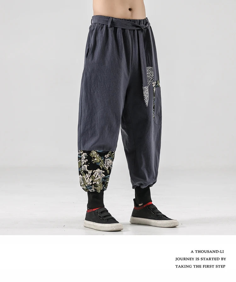 2024 Autumn Men Linen Harem Pants Mens Vintage Chinese Style Cotton Trousers Man Streetwear Pants Male Print Cross Crotch Pants