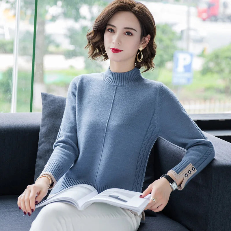 New Korean Women Base Sweater Loose Contrast Color Ladies Half High Neck Split Spring Autumn Pullover Sweaters Pull Tops Femme