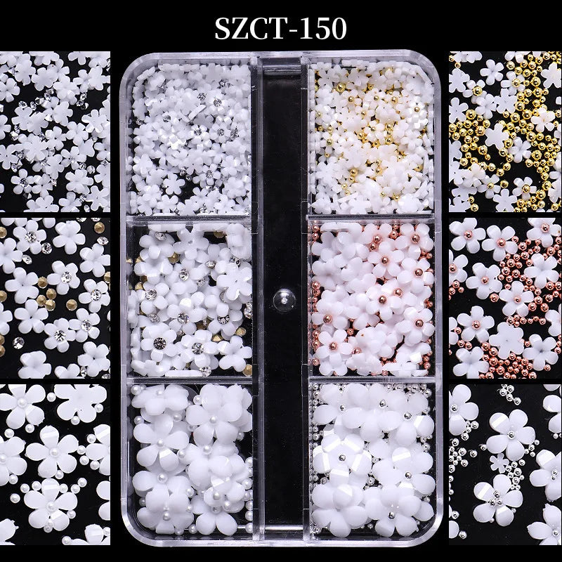 Nail Jewelry Wholesale Cute Three-dimensional Small Flowers 6-grid Plastic Box Mixed Resin Five-petal Flower Nail Accessories