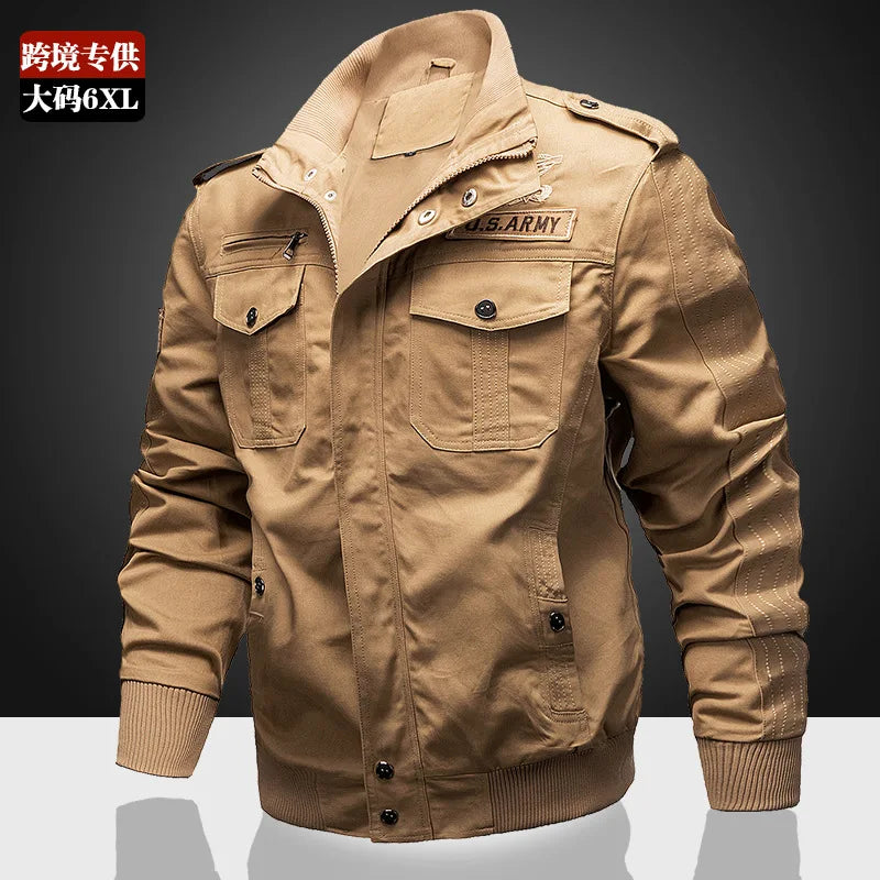 ANSZKTN Men Spring Fall Plus Large Size  Men's Stand Collar Cotton Jacket Casual Jacket Multiple Pockets Cargo Jacket