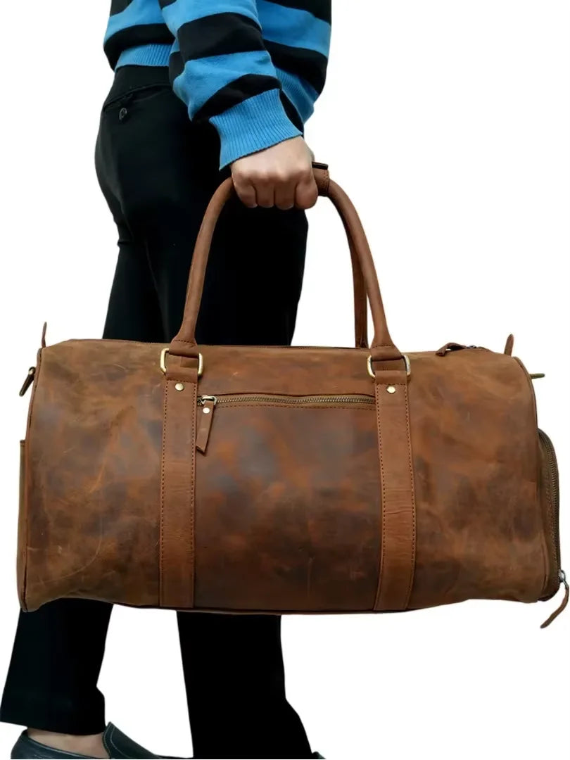 WRIZA Genuine Leather Weekender Bag Vintage Travel Duffel Bag Durable Handmade Overnight Bag Premium Mens Fashionable Carry Bag