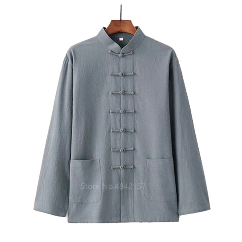 Traditional Chinese Style New Year Hanfu Men Tops Kung Fu Solid Linen Tai Chi Wushu Outfit Vintage China Shirt Clothing