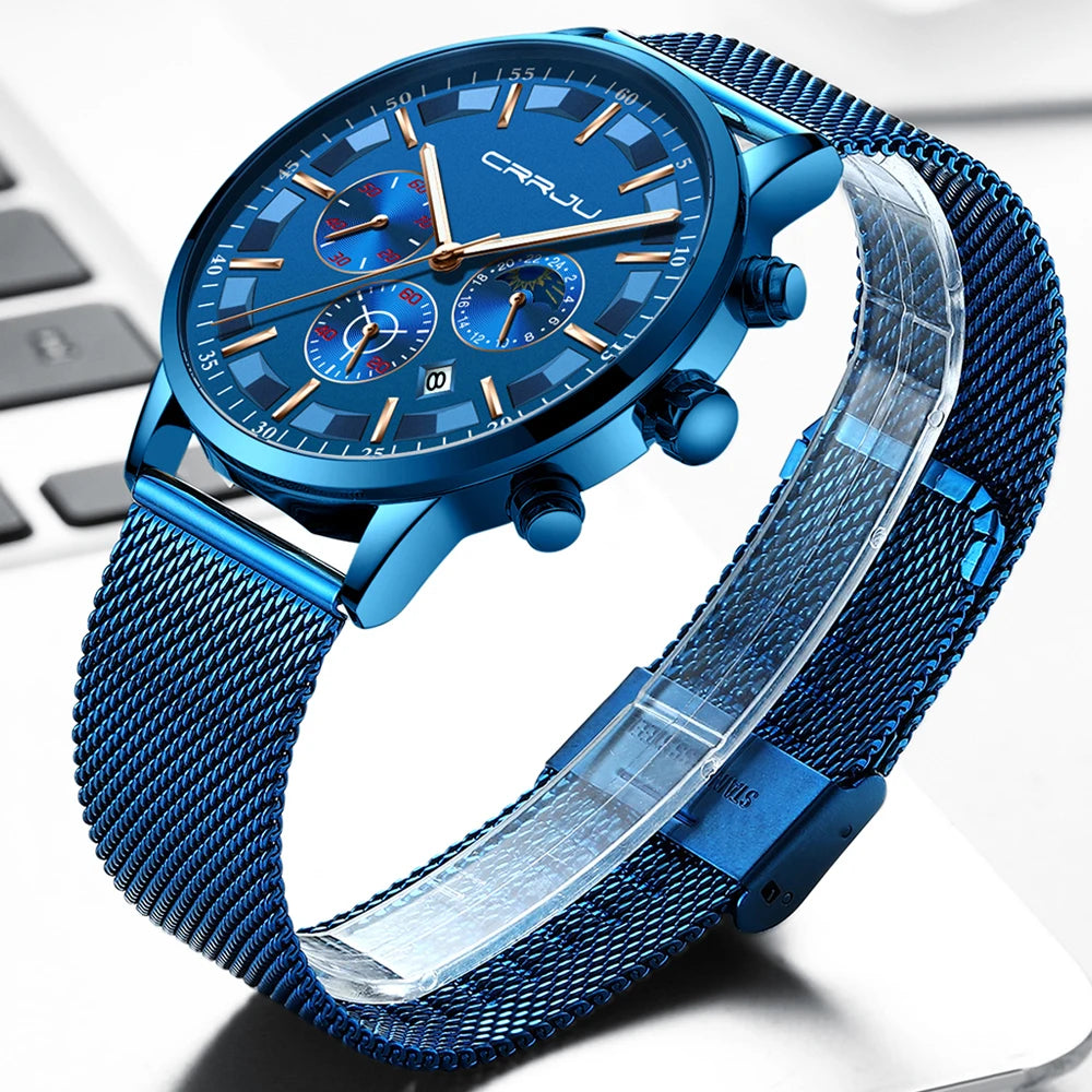 CRRJU Mens Watches Top Brand Luxury Fashion Business Quartz Watch Men Sport Full Steel Waterproof Black Clock Relogio Masculino