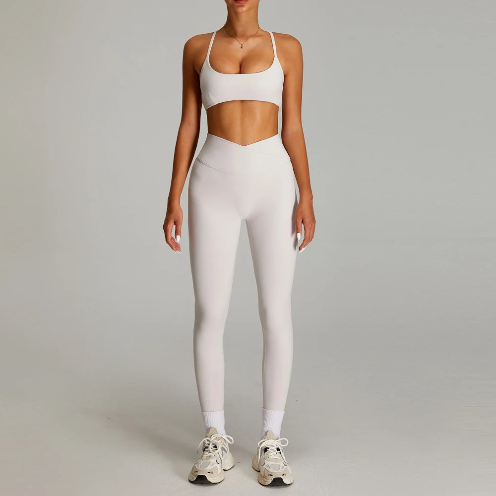 High Quality 2 Piece Cross V-shaped Waist Leggings Women Activewear Fitness & Yoga Wear Sports Bra Gym Fitness Sets
