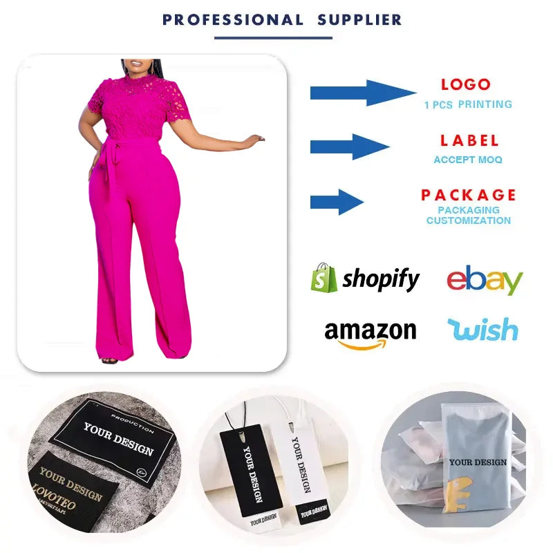 D509 Latest Design Sexy Lace Jumpsuit for Women Hollow Out Short Sleeve Tie up High Waist Wide Leg Jumpsuits for Ladies