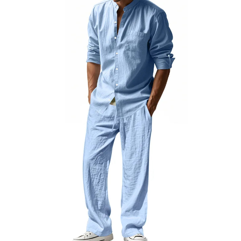 New Mens Suit Linen Casual Loose Breathable Long Sleeves Shirt and Trousers Two-Piece Set Beach Suit
