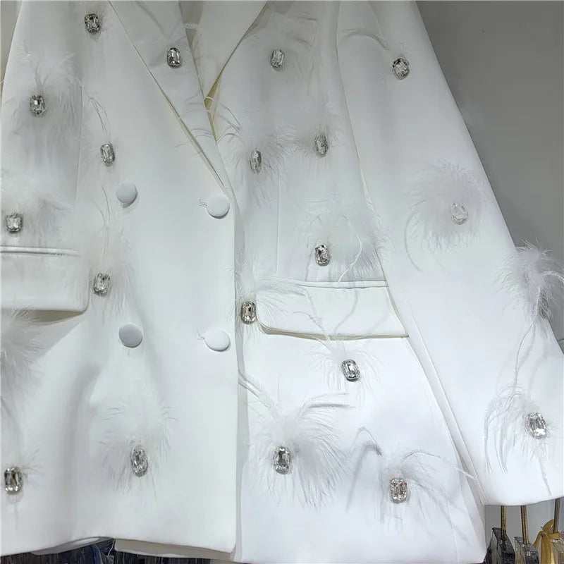 Boutique Wholesale 2026 Autumn New Fashionable French Design Water Diamond Splicing Feather Double Breasted Loose Women's Suit