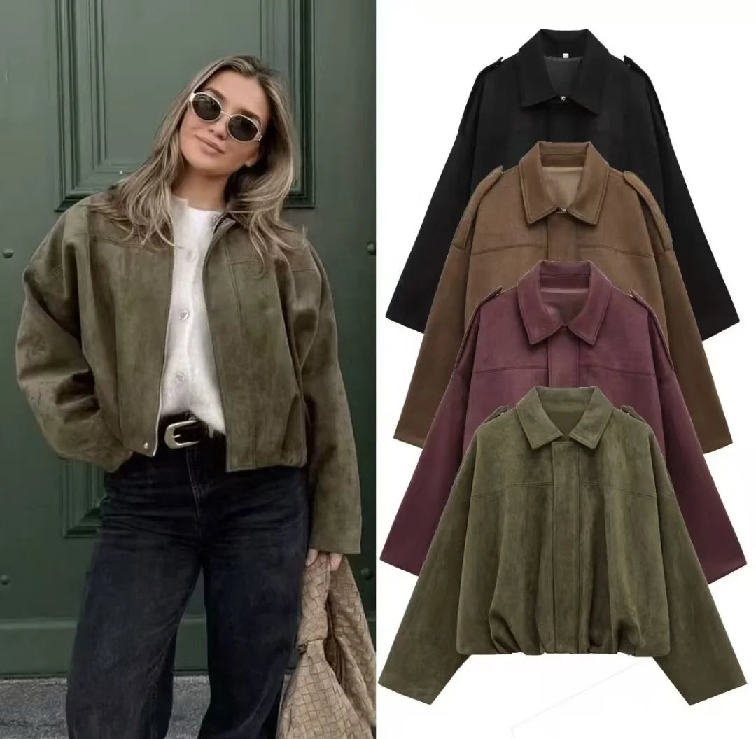 OUDINA Wholesale New Casual Zipper Green Suede Texture Effect Coat Windbreaker Bomber Varsity Jacket Women's Jackets