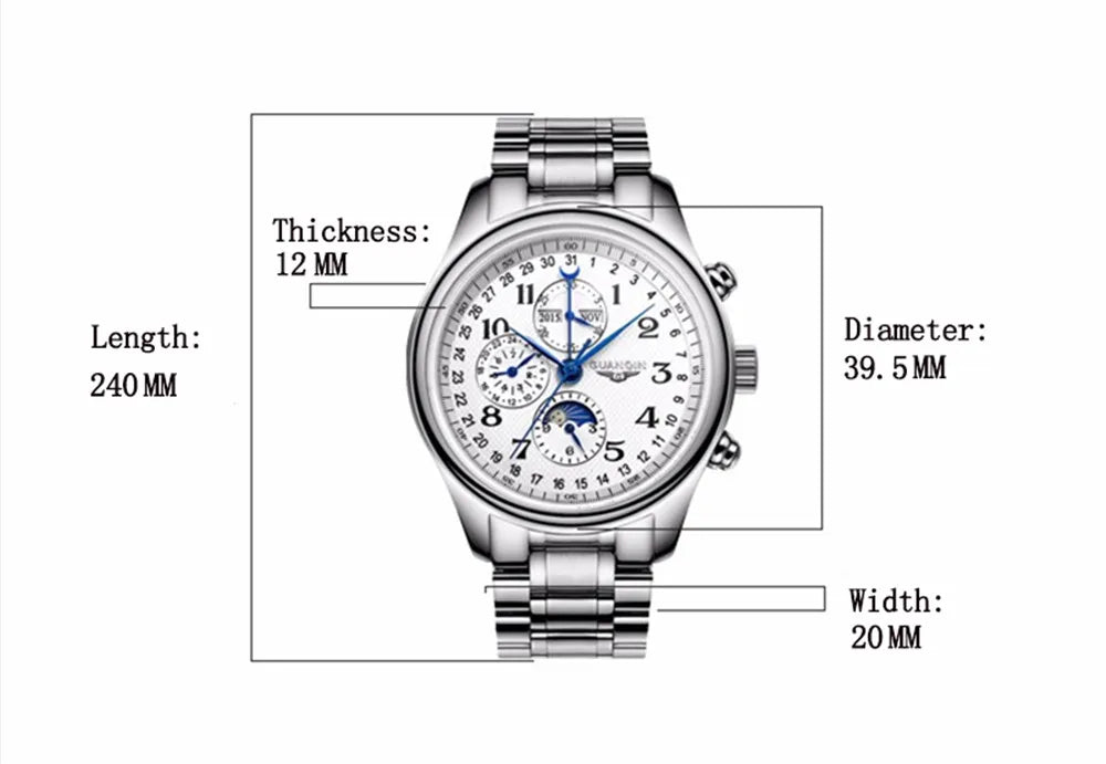 GUANQIN Leather Steel Mechanical Sapphire Men Watches Top Brand Luxury Waterproof Automatic Wristwatch Calendar Moon Phase