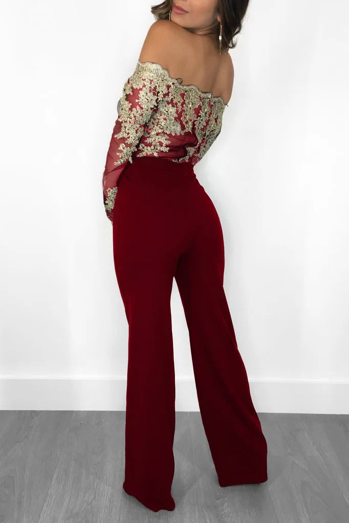 OEM ODM Women Clothing Elegant Overalls Off Shoulder Slash Neck Embroidery Lace Office Casual Jumpsuit