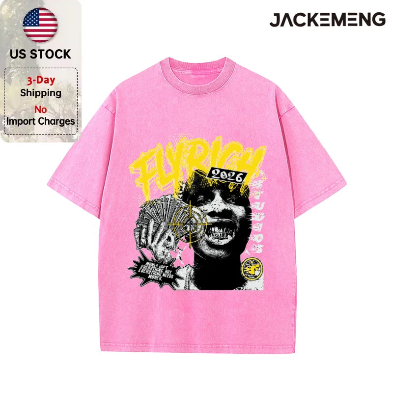 Oversized Washed Retro Money Streetwear Print Tshirt USA Stock Wholesale Y2K Casual Tee