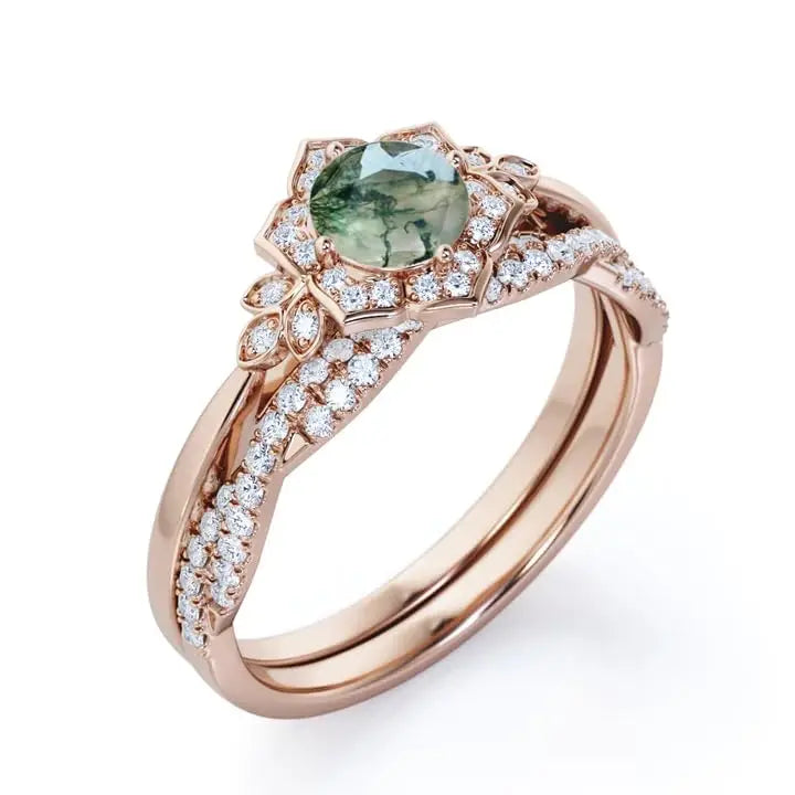 925 Sterling Silver Women's Classic Art Deco Wedding Ring Set 1.25 Carat Moss Agate Prong Setting