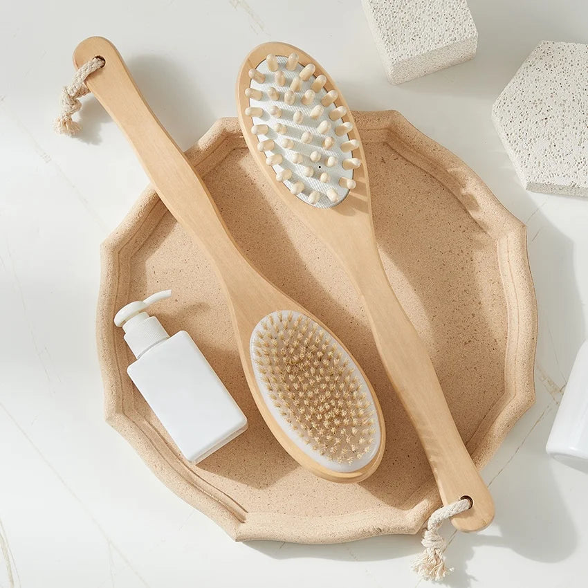 Dual-Sided Long Handle Shower Scrubber Wet & Dry Body Care Exfoliating Brush Dry Brushing with Loofah Sponge Removes Dead Skin
