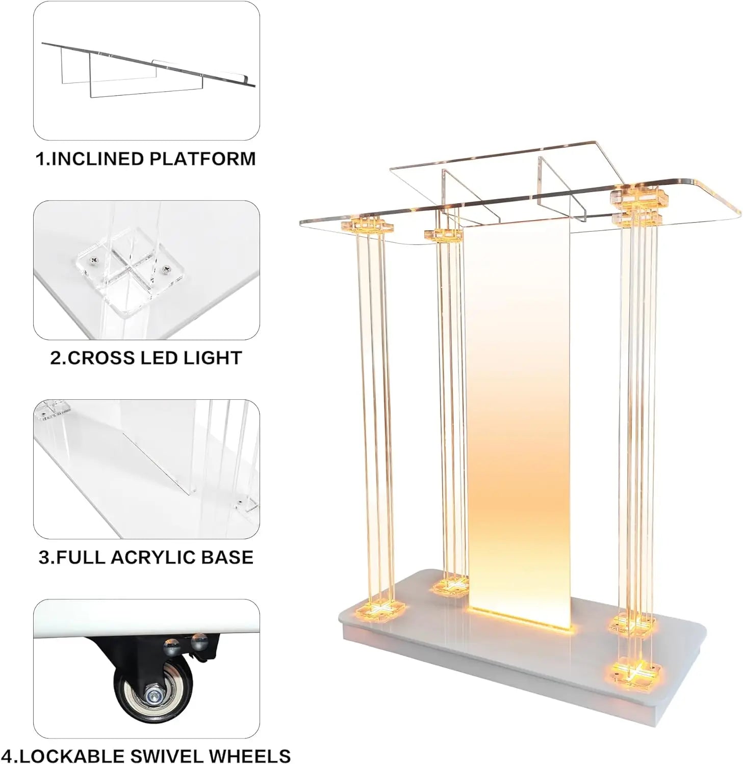 Acrylic Podium With Led Lights Floor Transparent Podium With Casters Used for School Church Podium