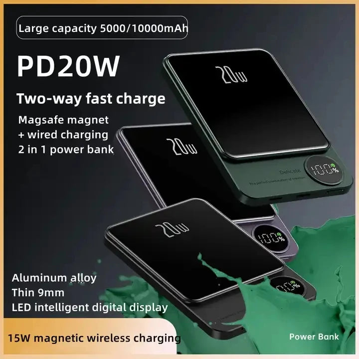 Newest Mirror Portable Charger 5000mah 10000mah Mini Power Bank Magnetic Wireless Charging Metal Power Banks With Led Display Q9