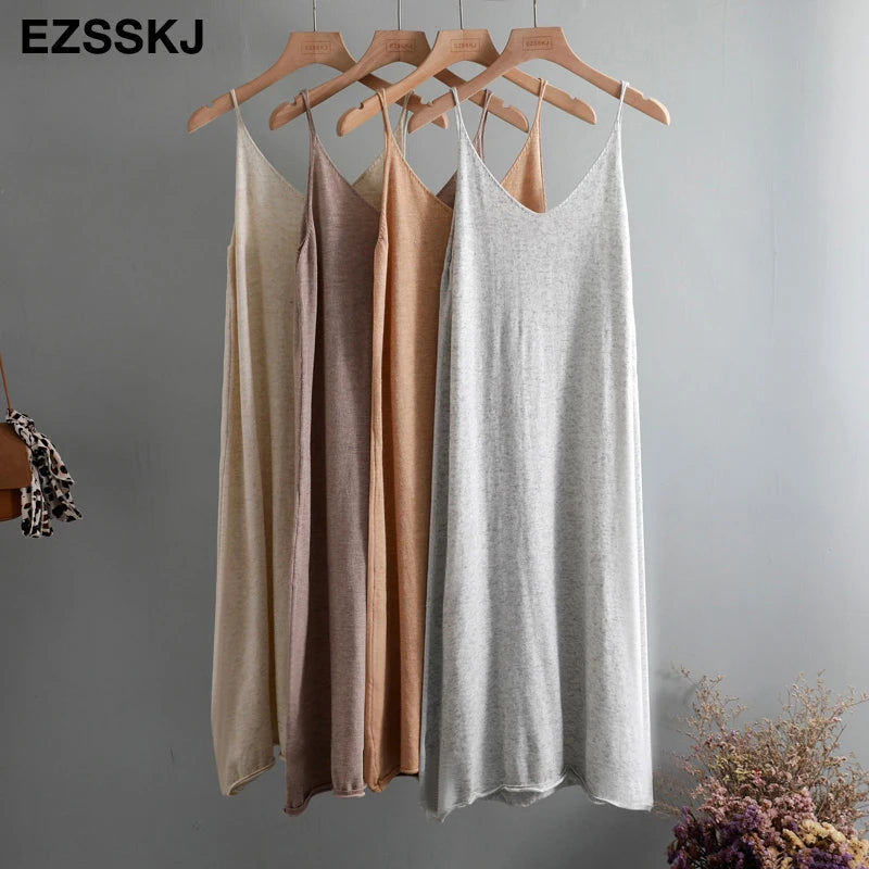 Ezsskj Spring summer 2020 Woman Knitted Tank Dress Casual Long Camisole Vest dress Women Loose  cashmere maix a-line dress
