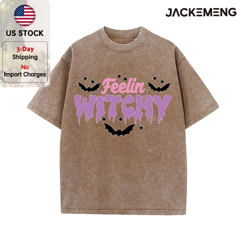 Oversized Washed Retro Halloween Streetwear Print T Shirt USA Stock Wholesale Y2K Casual Tee