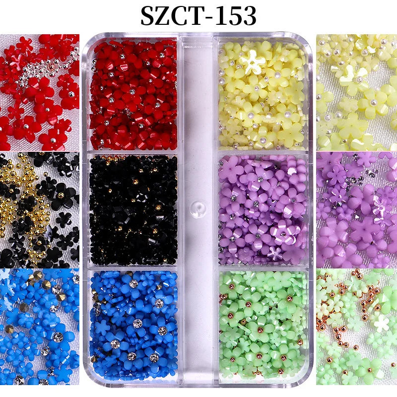 Nail Jewelry Wholesale Cute Three-dimensional Small Flowers 6-grid Plastic Box Mixed Resin Five-petal Flower Nail Accessories