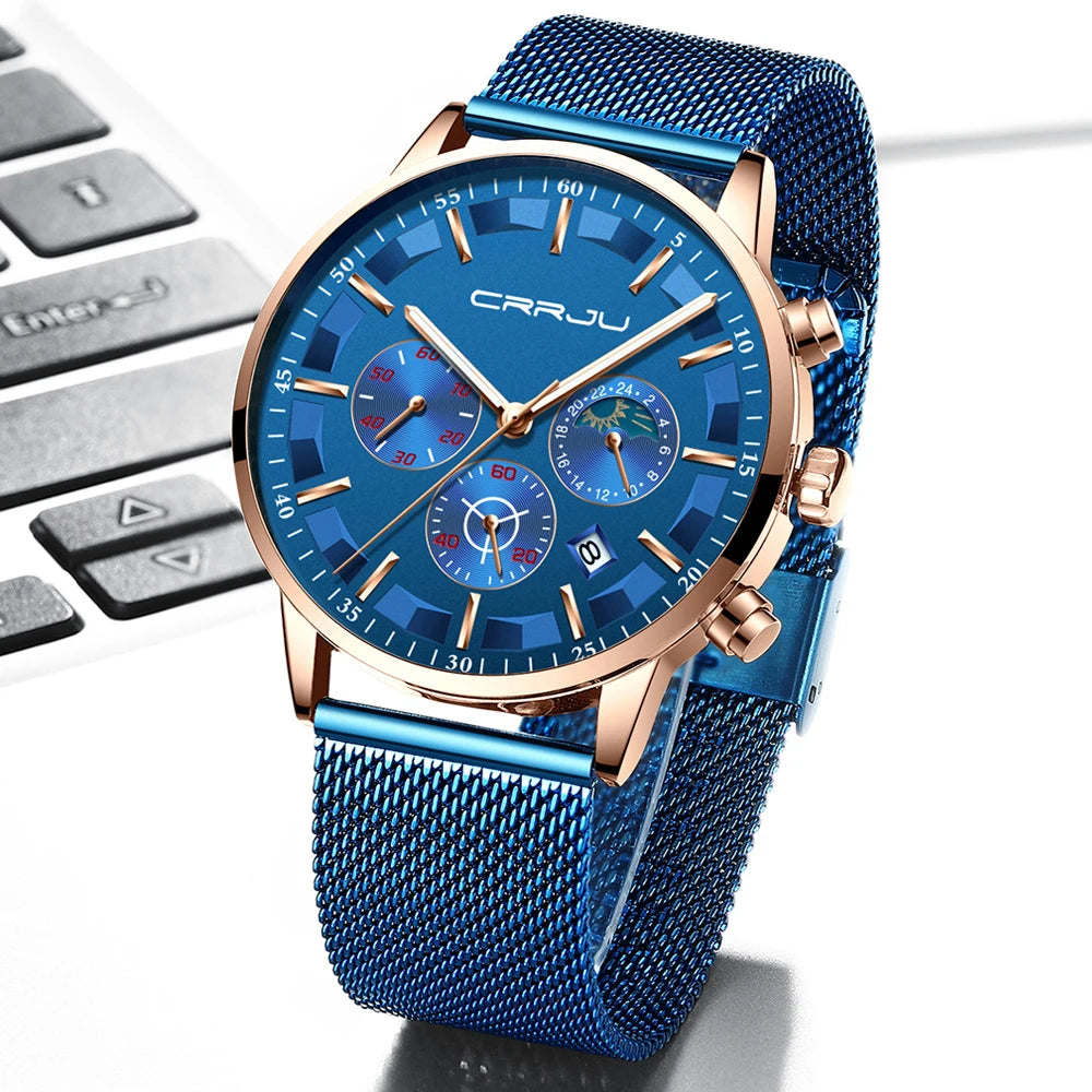 CRRJU Mens Watches Top Brand Luxury Fashion Business Quartz Watch Men Sport Full Steel Waterproof Black Clock Relogio Masculino