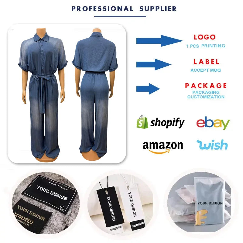 HK7248 Customized Summer Jumpsuits Women Casual Turn-Down Collar Breasted Lace up Short Sleeve Loose Wide Leg Jumpsuit for Women