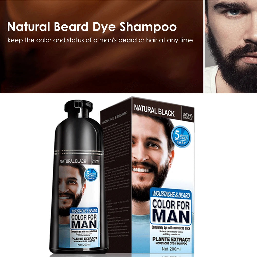 200ml Natural Long Lasting Permanent Black Beard Dye Shampoo For Men Beard Dying Removal White Gray Beard Hair