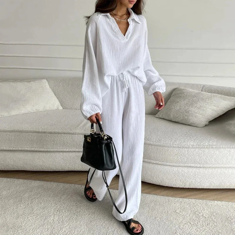 Boutique Wholesale 2026 Spring New Elegant  Casual Loose Polo Collar Sleeved Top Drawstring Pants Women's Set
