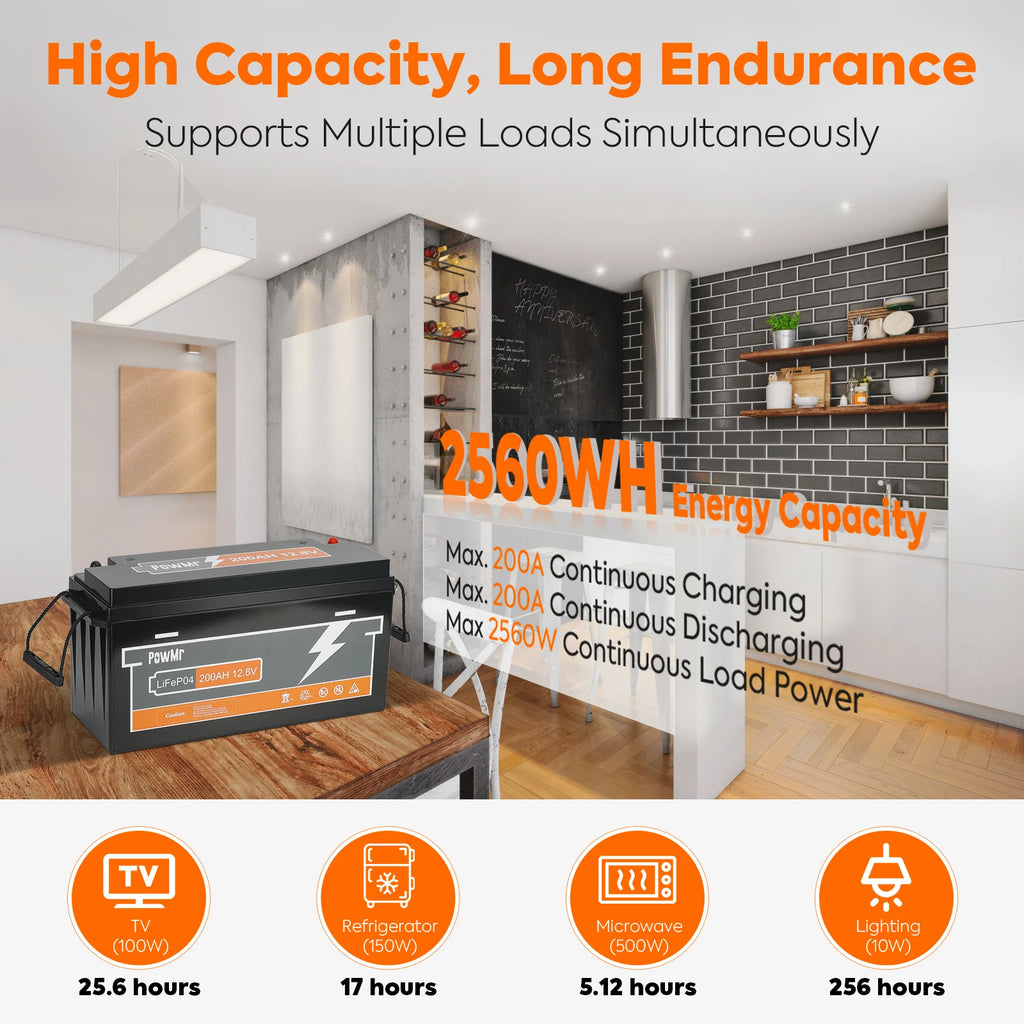 For PowMr 12.8V 200Ah LiFePO4 Hybrid Grid Connection Lithium Ion Battery Supports up to 4 in Series 4 in Parallel Energy Storage