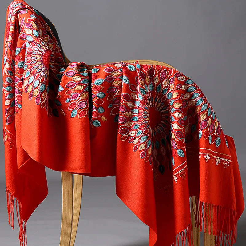 Wholesale JiYun 2025 Ladies Winter Scarf Shawl Floral Tassel Embroidery Soft Heavy Cashmere Feel-Hot Sale Winter Accessory