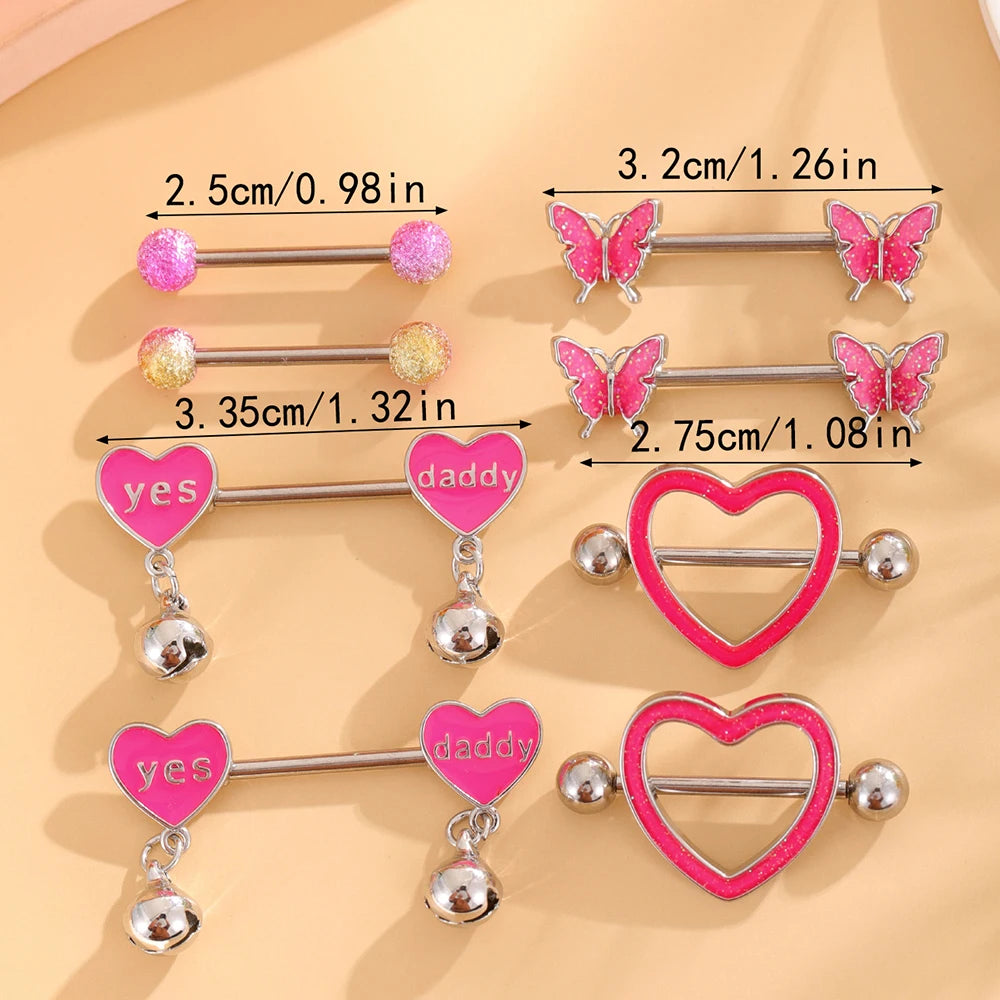 4-Pair Set Personalized Pink Oiled Heart-Shaped Bell Stainless Steel Nipple Rings Wedding Chest Piercing Jewelry Gift for Women