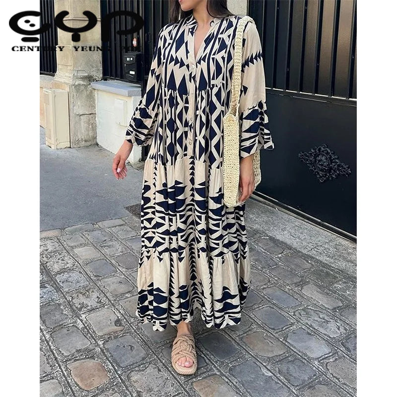 Summer New Women'S Wear V-Neck Maxi Long Dress Vintage Printed Pattern High Waist Long Dress