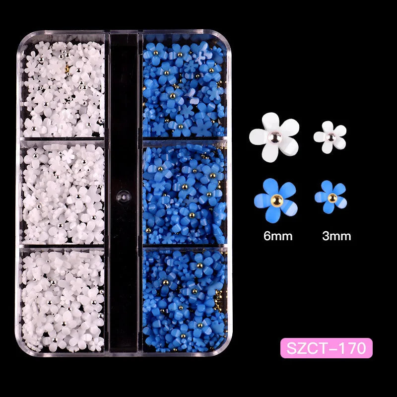 Nail Jewelry Wholesale Cute Three-dimensional Small Flowers 6-grid Plastic Box Mixed Resin Five-petal Flower Nail Accessories