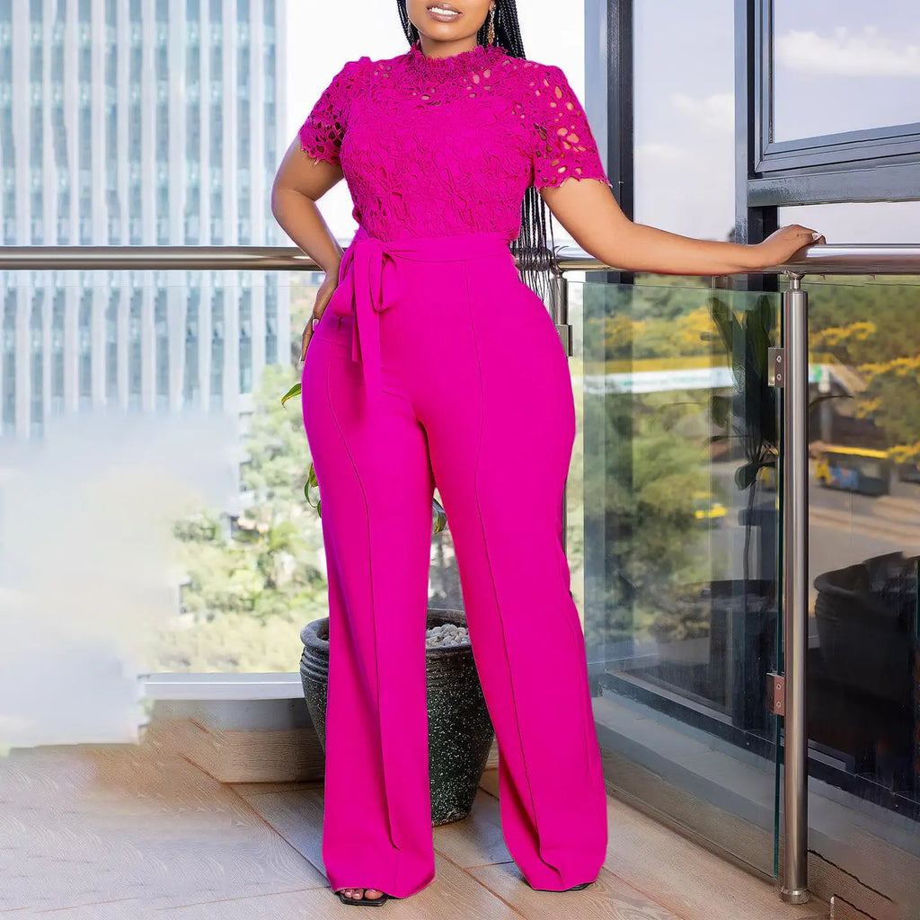 Women's Casual Satin Jumpsuit with Sexy Lace Cutout Short Sleeve High Waist Halter Collar Button Decoration