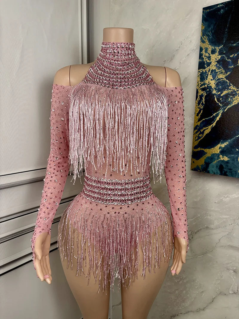 Latin Dance Costume Music Festival Disco Dancing Show Ball Evening Wear Birthday Party Banquet Dinner Rhinestone Mesh Jumpsuit