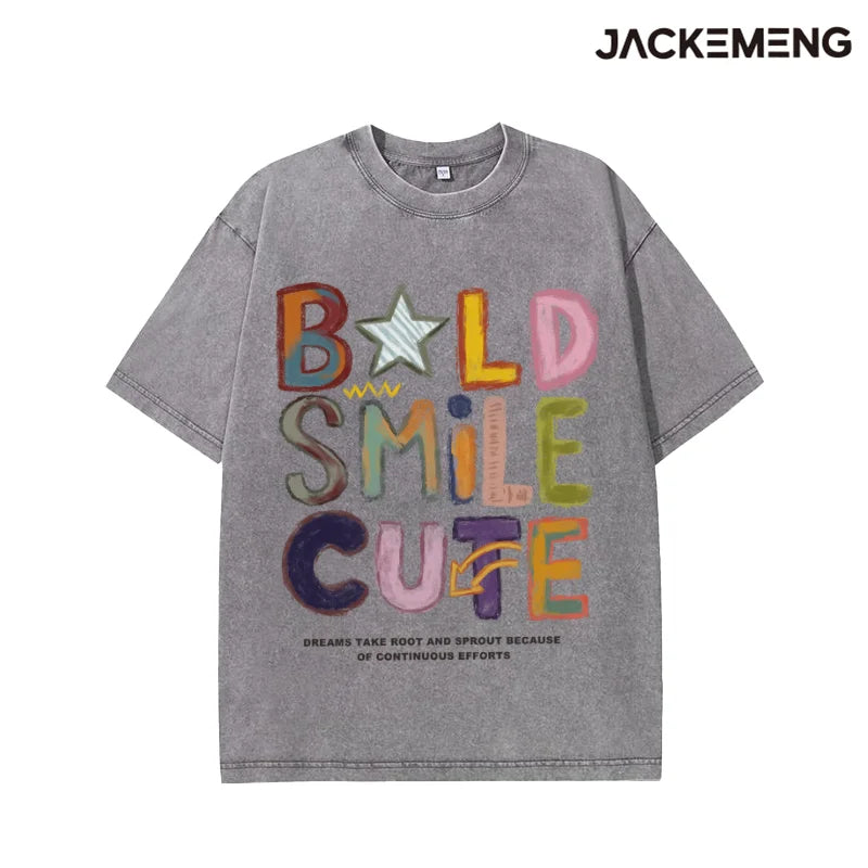 Oversized Washed Retro Colorful Streetwear Print Tshirt USA Stock Wholesale Y2K Casual Tee