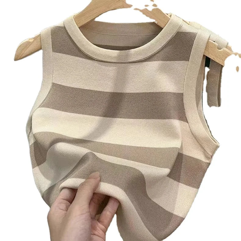 2024 Summer Women's Short Knitted Striped Ribbed Tank Top Breathable and Sustainable