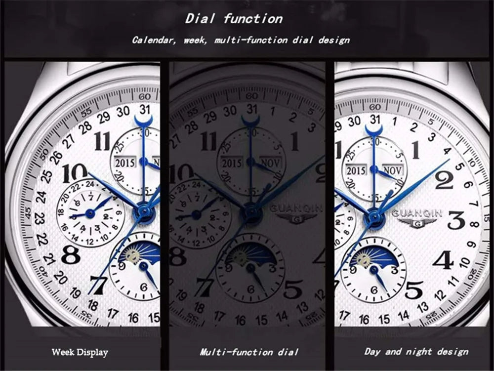 GUANQIN Leather Steel Mechanical Sapphire Men Watches Top Brand Luxury Waterproof Automatic Wristwatch Calendar Moon Phase