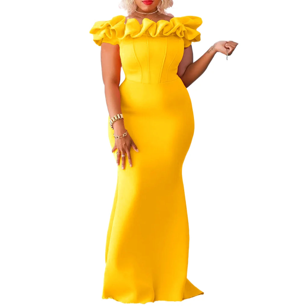 D3192 European and American Cross-border Women's Dress 2023 New Solid Color Fishtail Skirt Wooden Ear Slim Evening Africa Long