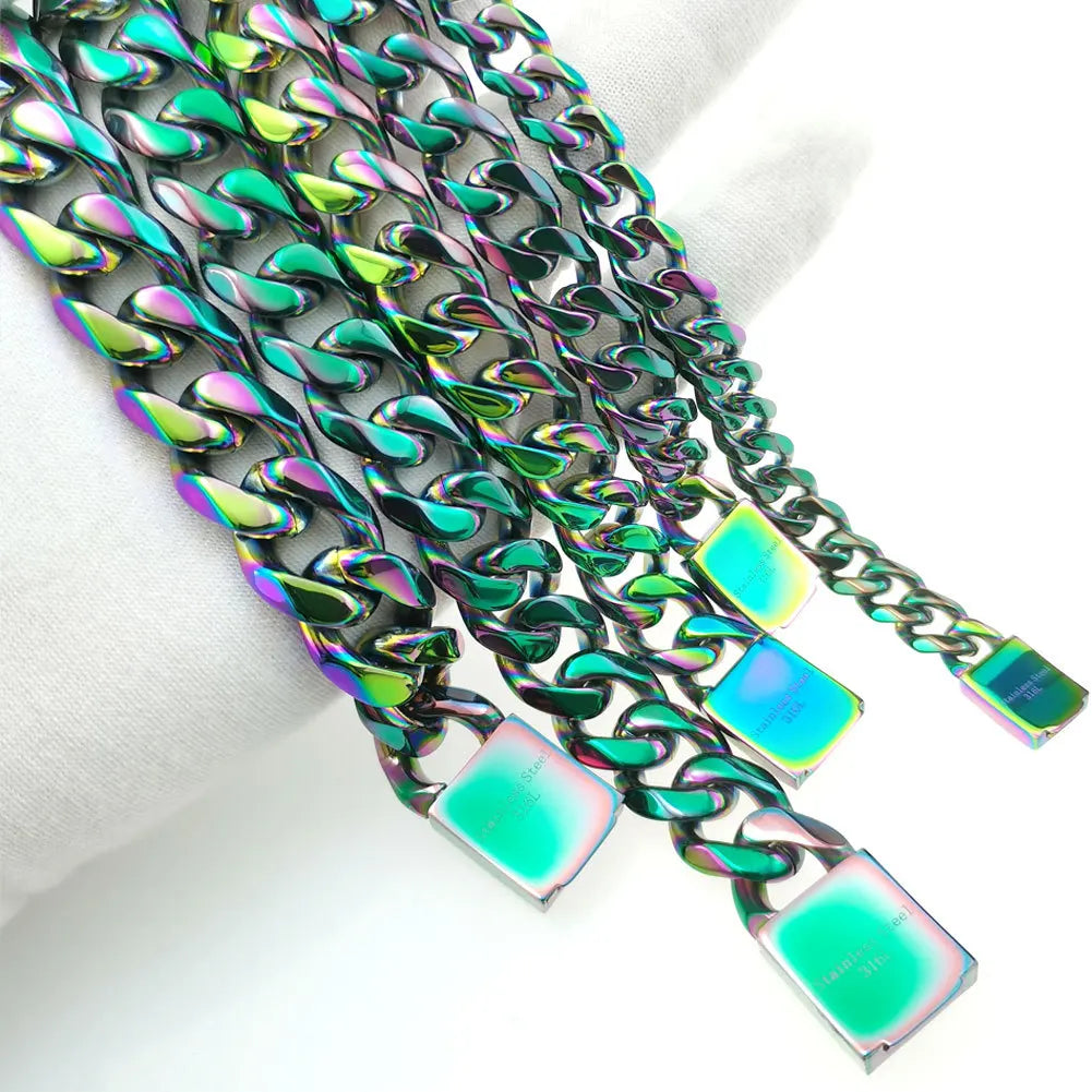 Nice Rainbow color  Mens Womens Cuban Link necklace Hip Hop Stainless Steel Chain Curb  9-16mm band width;18inch-30inch