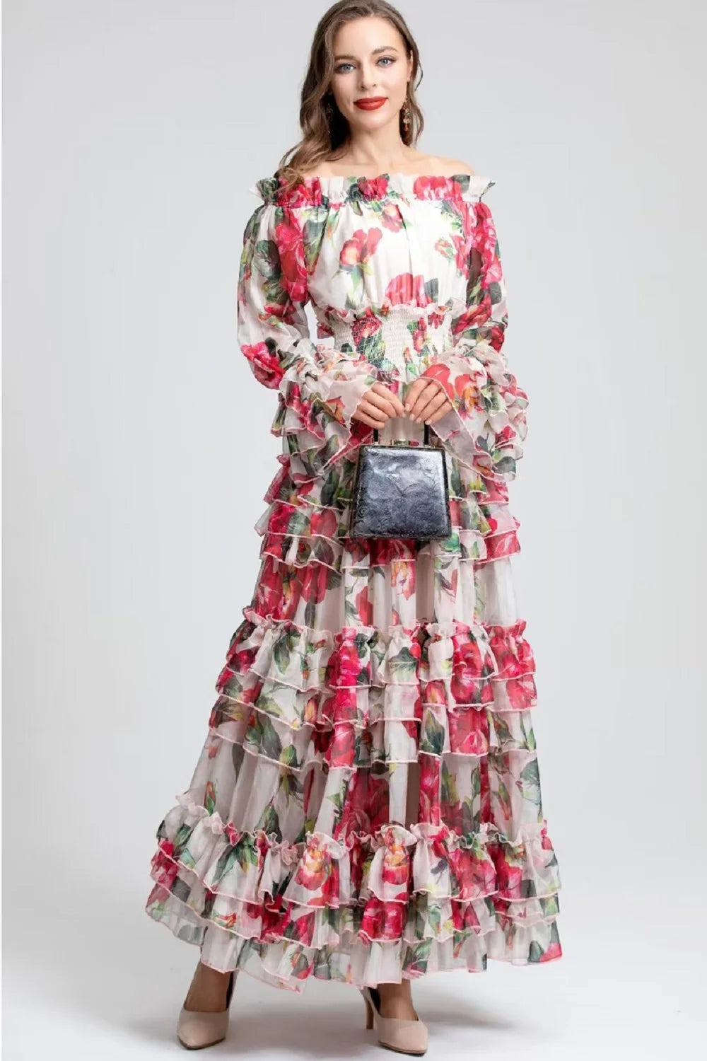 XXL Long Dress 2025 Spring Fashion Women Sexy Slash Neck Red Floral Green Leaves Print Flare Sleeve Casual Bohemia Maxi Dress