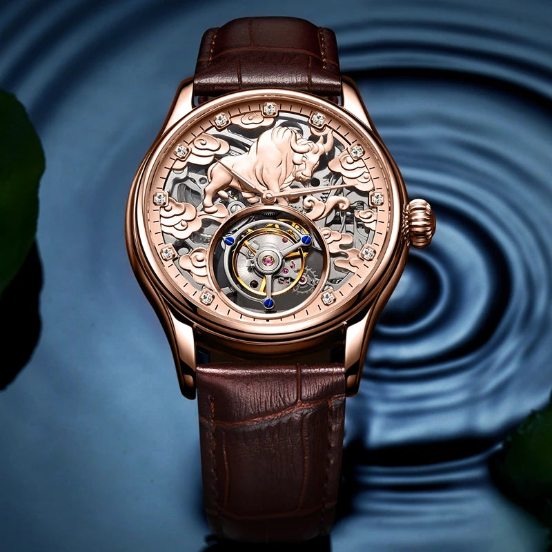 China Tourbillon Watch Factory Rose Luxury 3D Zodiac Relief Pattern  Stainless Steel Waterproof Zodiac Men's Mechanical Watches